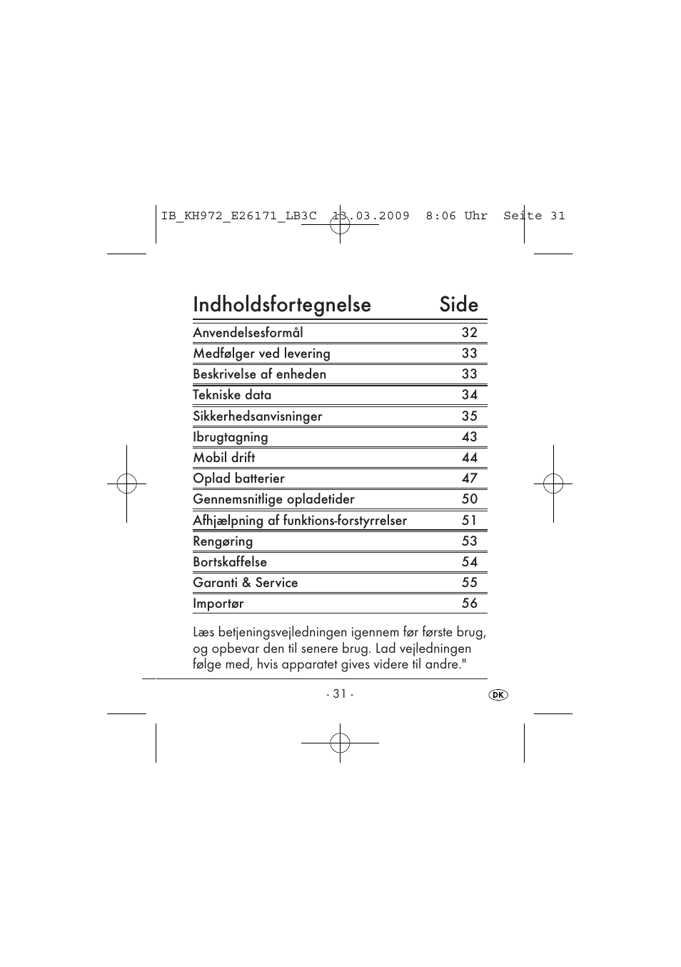 Indholdsfortegnelse side | Kompernass KH 972 User Manual | Page 33 / 58