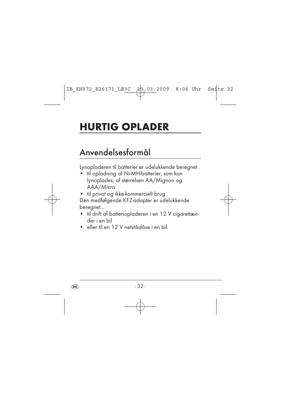 Hurtig oplader, Anvendelsesformål | Kompernass KH 972 User Manual | Page 34 / 58