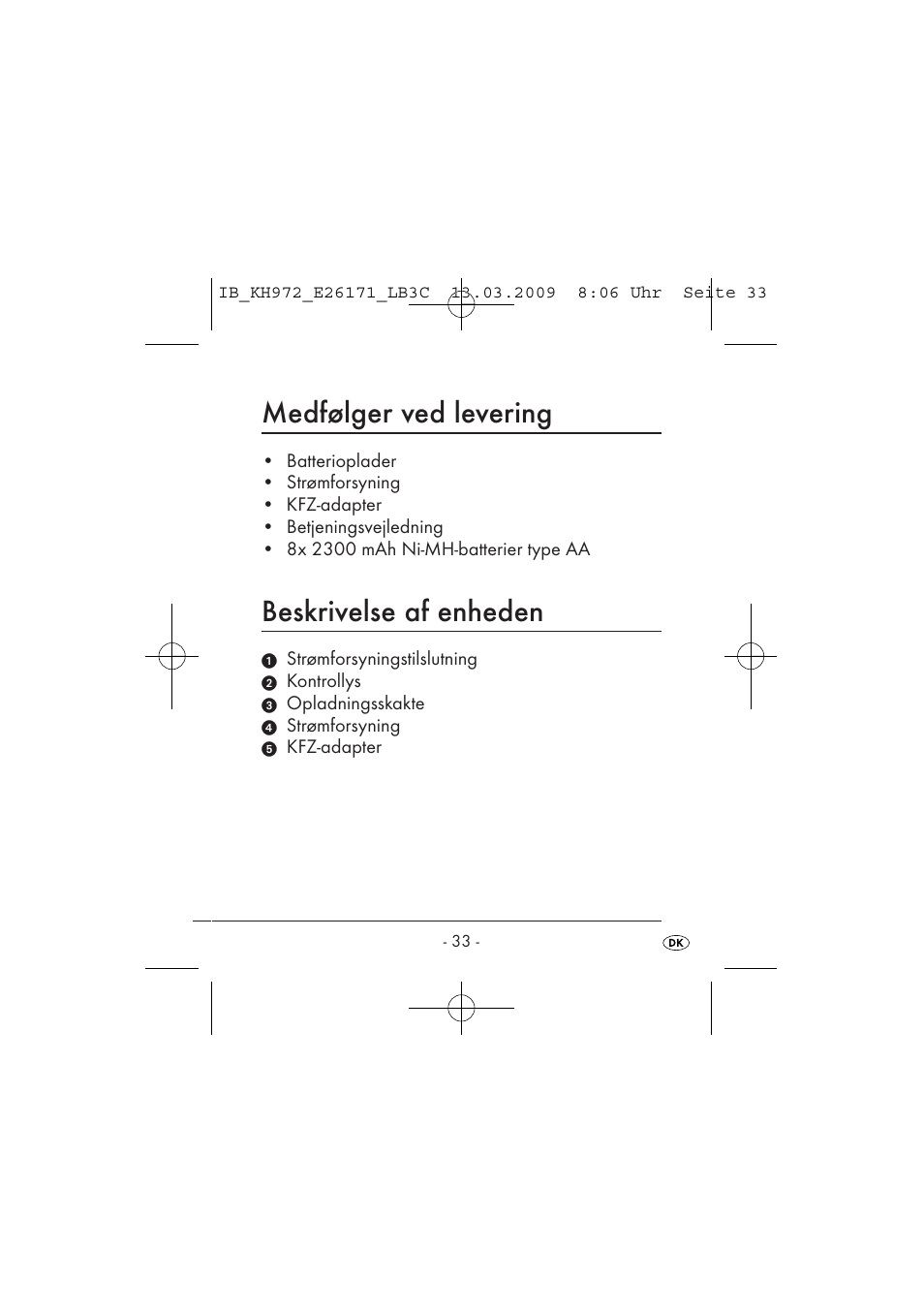 Medfølger ved levering, Beskrivelse af enheden | Kompernass KH 972 User Manual | Page 35 / 58