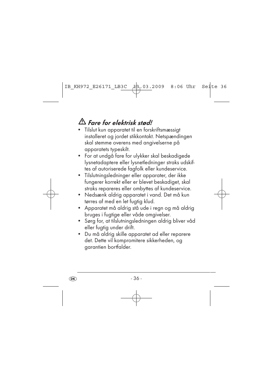 Fare for elektrisk stød | Kompernass KH 972 User Manual | Page 38 / 58