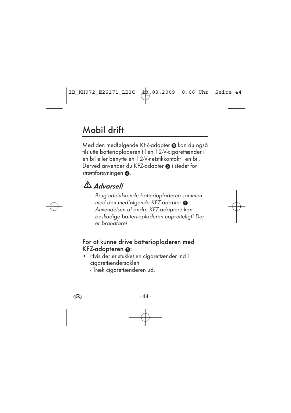 Mobil drift, Advarsel | Kompernass KH 972 User Manual | Page 46 / 58