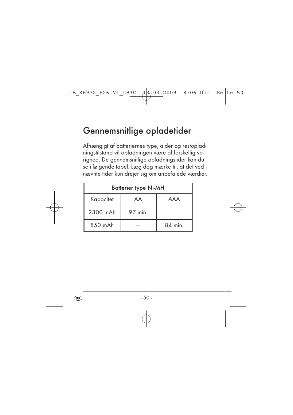 Gennemsnitlige opladetider | Kompernass KH 972 User Manual | Page 52 / 58