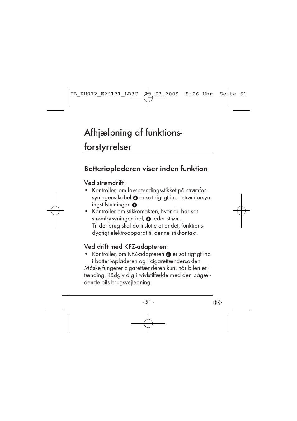 Afhjælpning af funktions- forstyrrelser, Batteriopladeren viser inden funktion | Kompernass KH 972 User Manual | Page 53 / 58