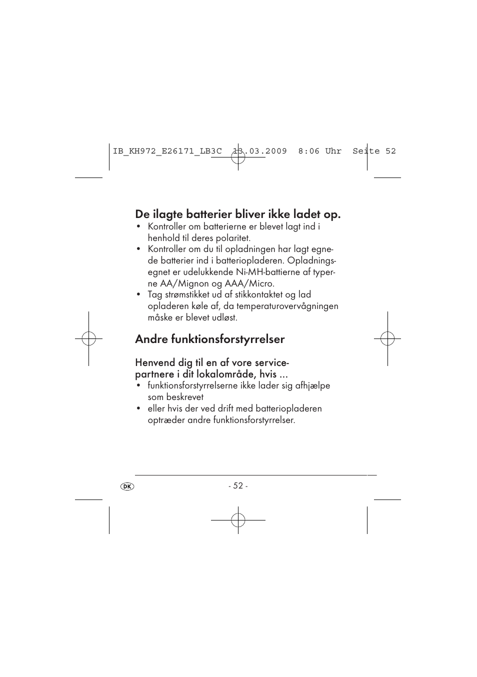 De ilagte batterier bliver ikke ladet op, Andre funktionsforstyrrelser | Kompernass KH 972 User Manual | Page 54 / 58