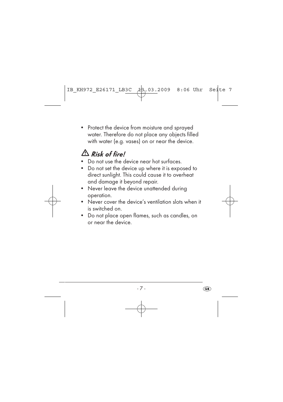 Risk of fire | Kompernass KH 972 User Manual | Page 9 / 58