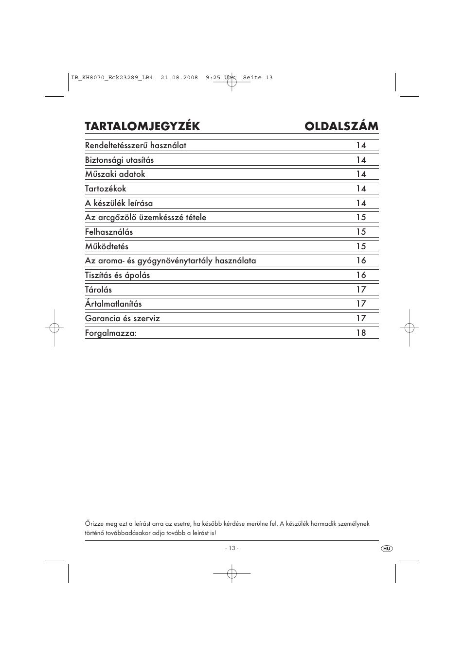 Tartalomjegyzék oldalszám | Kompernass KH 8070 User Manual | Page 15 / 50