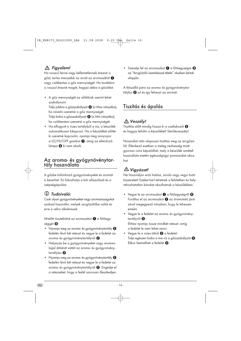 Az aroma- és gyógynövénytar- tály használata, Tiszítás és ápolás | Kompernass KH 8070 User Manual | Page 18 / 50