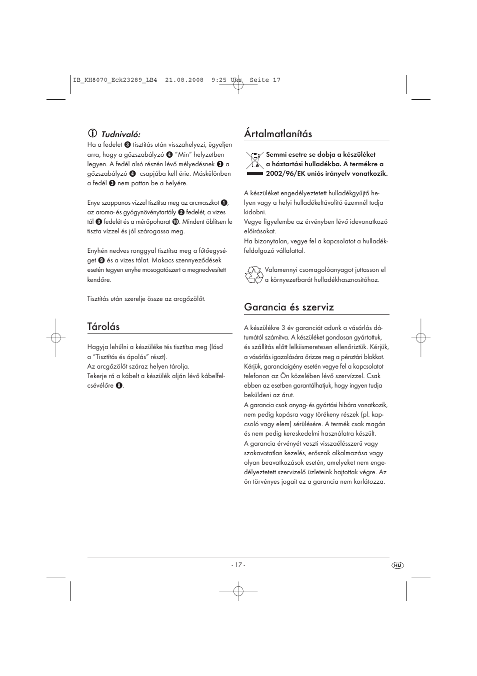 Tárolás, Ártalmatlanítás, Garancia és szerviz | Kompernass KH 8070 User Manual | Page 19 / 50