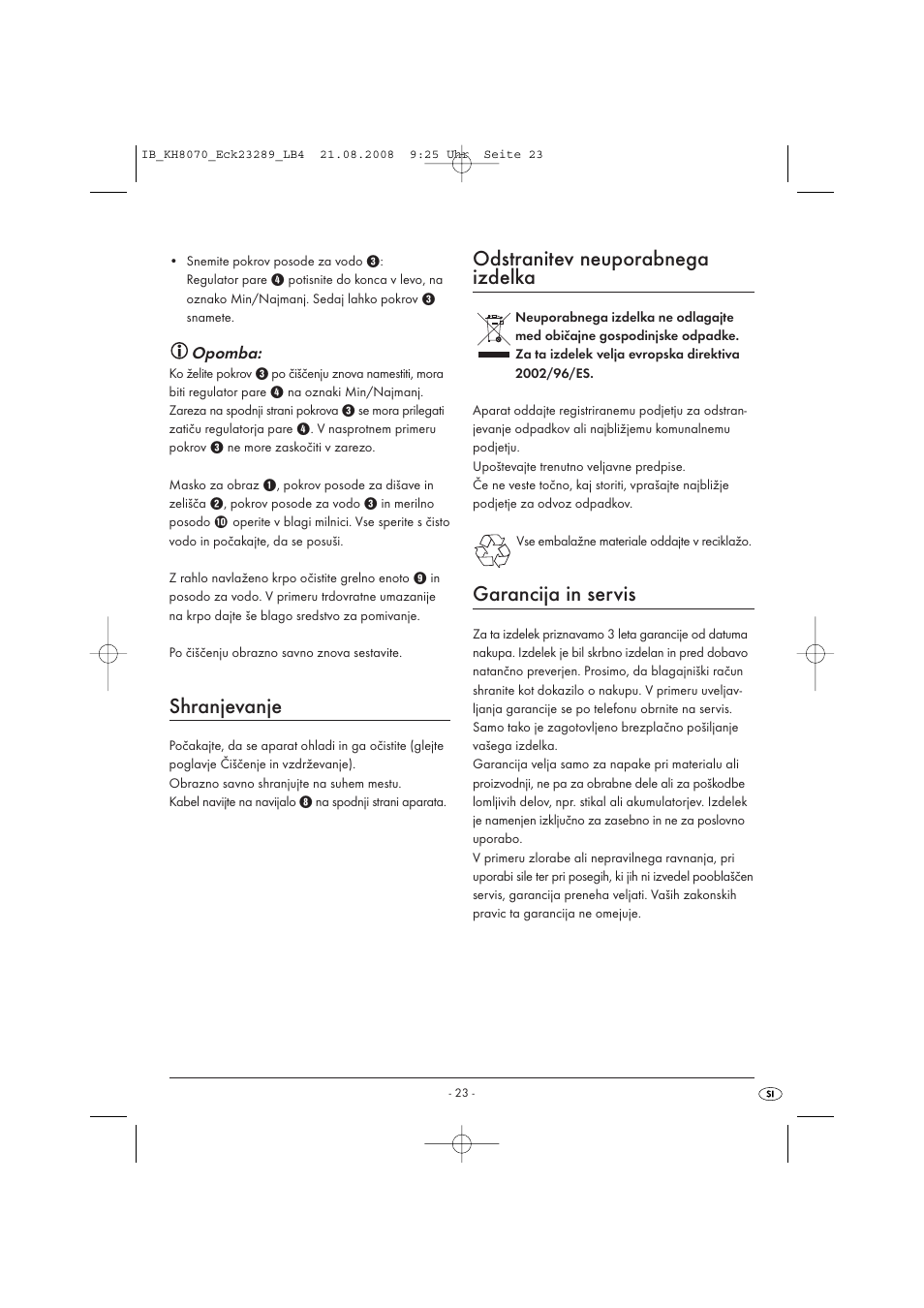 Shranjevanje, Odstranitev neuporabnega izdelka, Garancija in servis | Kompernass KH 8070 User Manual | Page 25 / 50