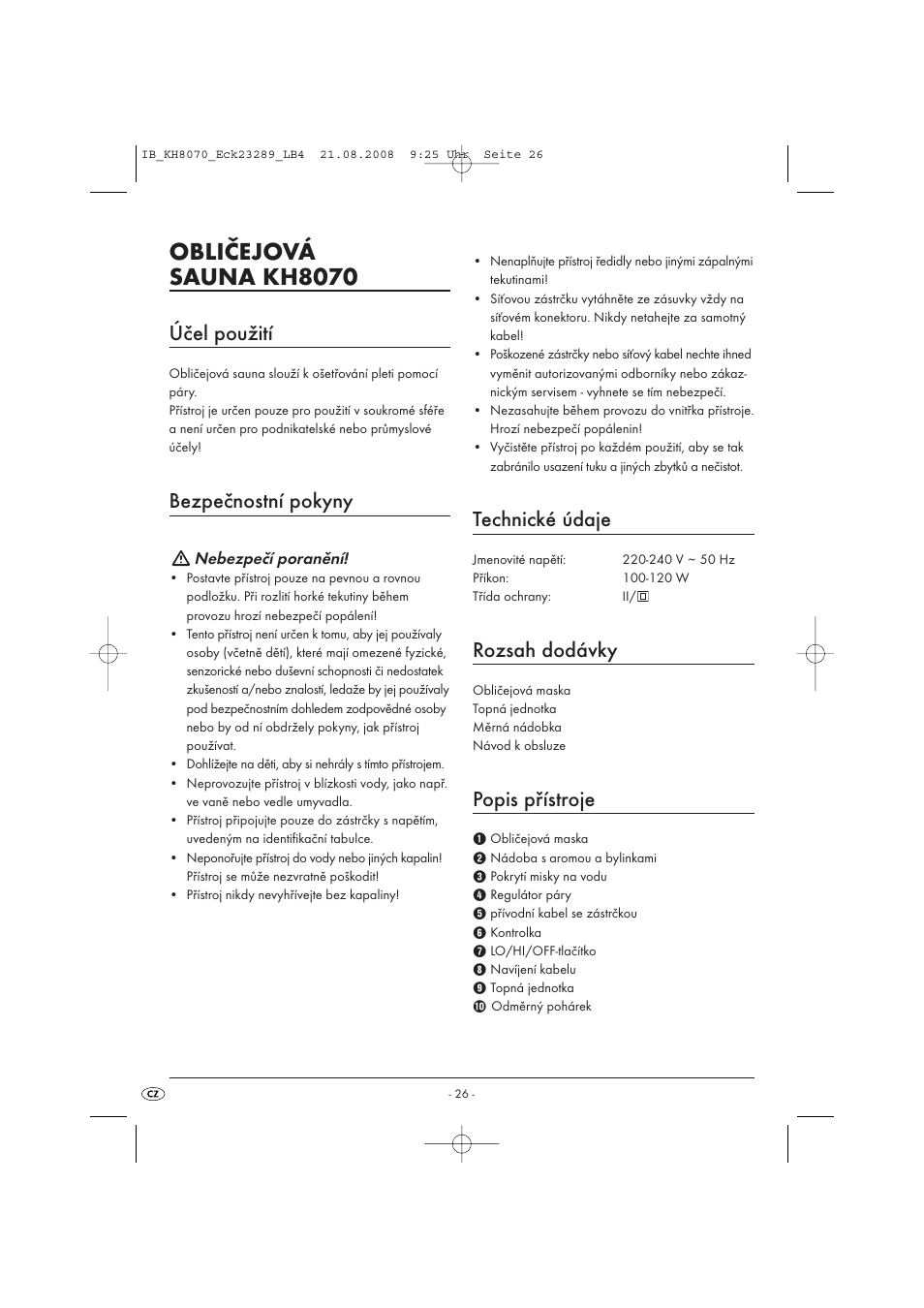 Obličejová sauna kh8070, Účel použití, Bezpečnostní pokyny | Technické údaje, Rozsah dodávky, Popis přístroje | Kompernass KH 8070 User Manual | Page 28 / 50