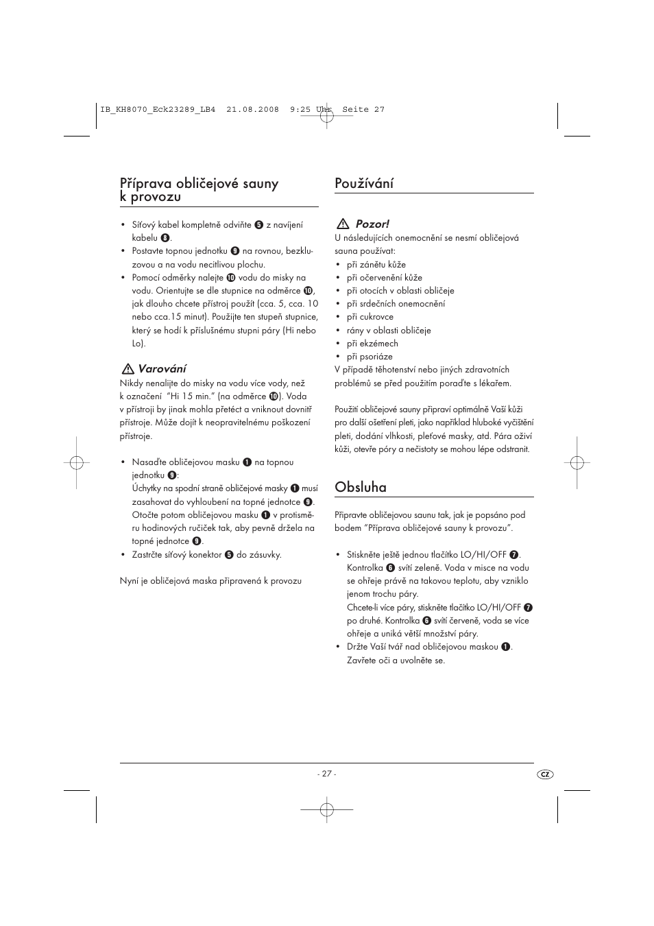 Příprava obličejové sauny k provozu, Používání, Obsluha | Kompernass KH 8070 User Manual | Page 29 / 50