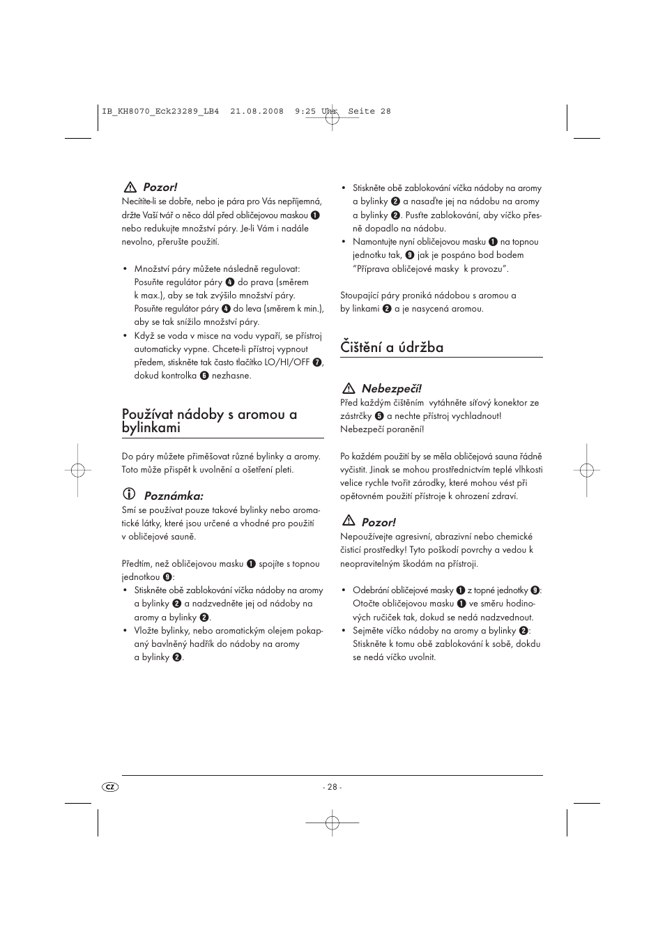 Používat nádoby s aromou a bylinkami, Čištění a údržba | Kompernass KH 8070 User Manual | Page 30 / 50