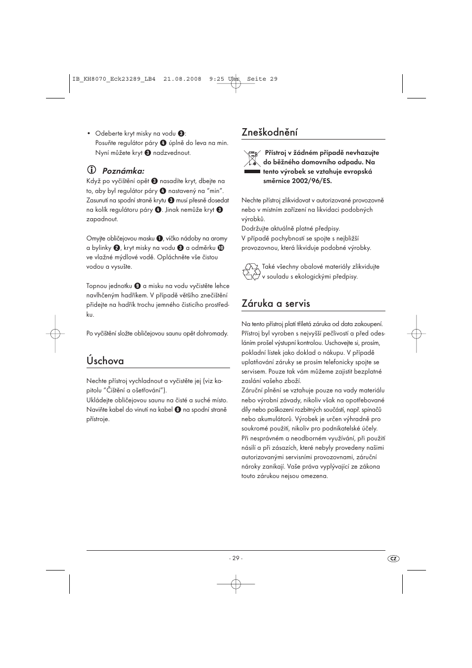 Úschova, Zneškodnění, Záruka a servis | Kompernass KH 8070 User Manual | Page 31 / 50
