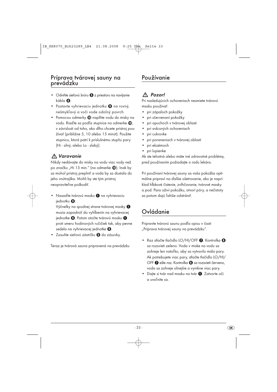 Príprava tvárovej sauny na prevádzku, Používanie, Ovládanie | Kompernass KH 8070 User Manual | Page 35 / 50