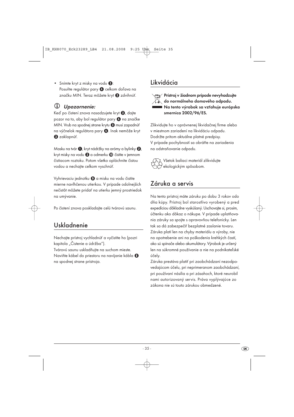 Uskladnenie, Likvidácia, Záruka a servis | Kompernass KH 8070 User Manual | Page 37 / 50