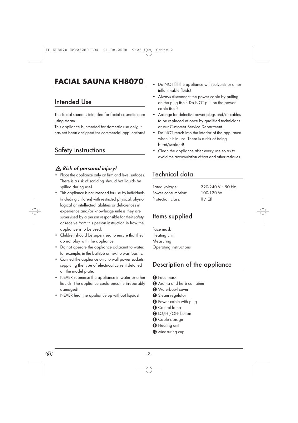 Facial sauna kh8070, Intended use, Safety instructions | Technical data, Items supplied, Description of the appliance | Kompernass KH 8070 User Manual | Page 4 / 50
