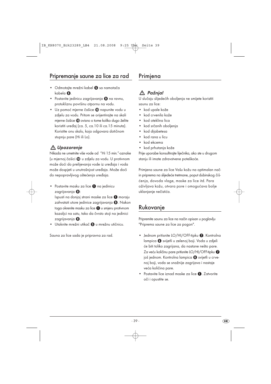 Pripremanje saune za lice za rad, Primjena, Rukovanje | Kompernass KH 8070 User Manual | Page 41 / 50