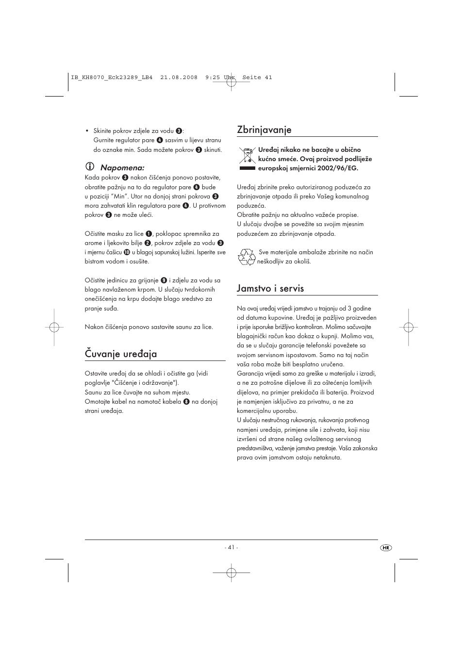 Čuvanje uređaja, Zbrinjavanje, Jamstvo i servis | Kompernass KH 8070 User Manual | Page 43 / 50