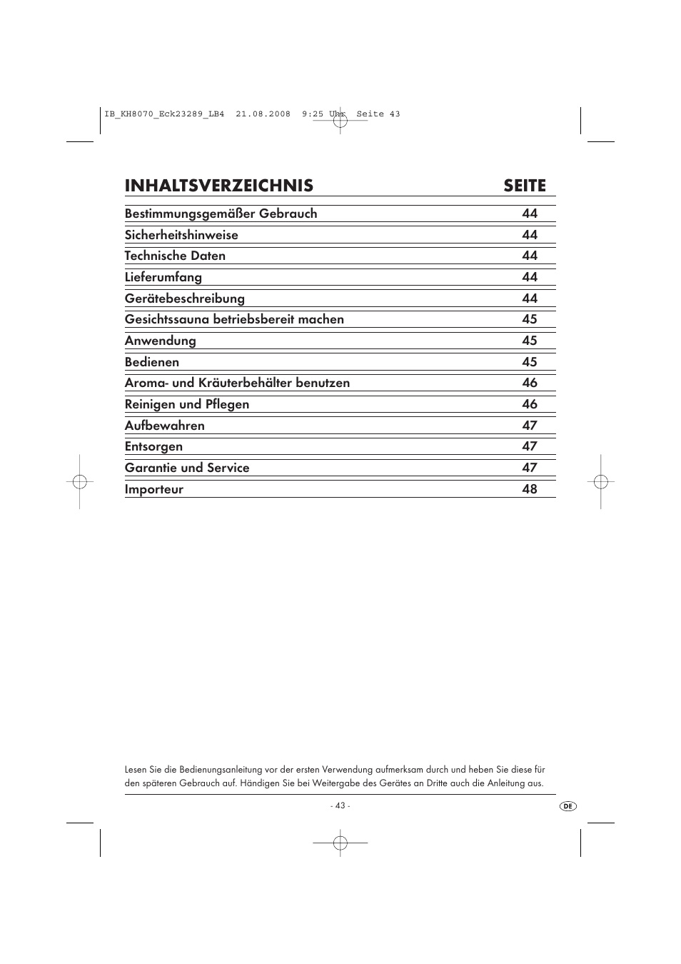 Inhaltsverzeichnis seite | Kompernass KH 8070 User Manual | Page 45 / 50