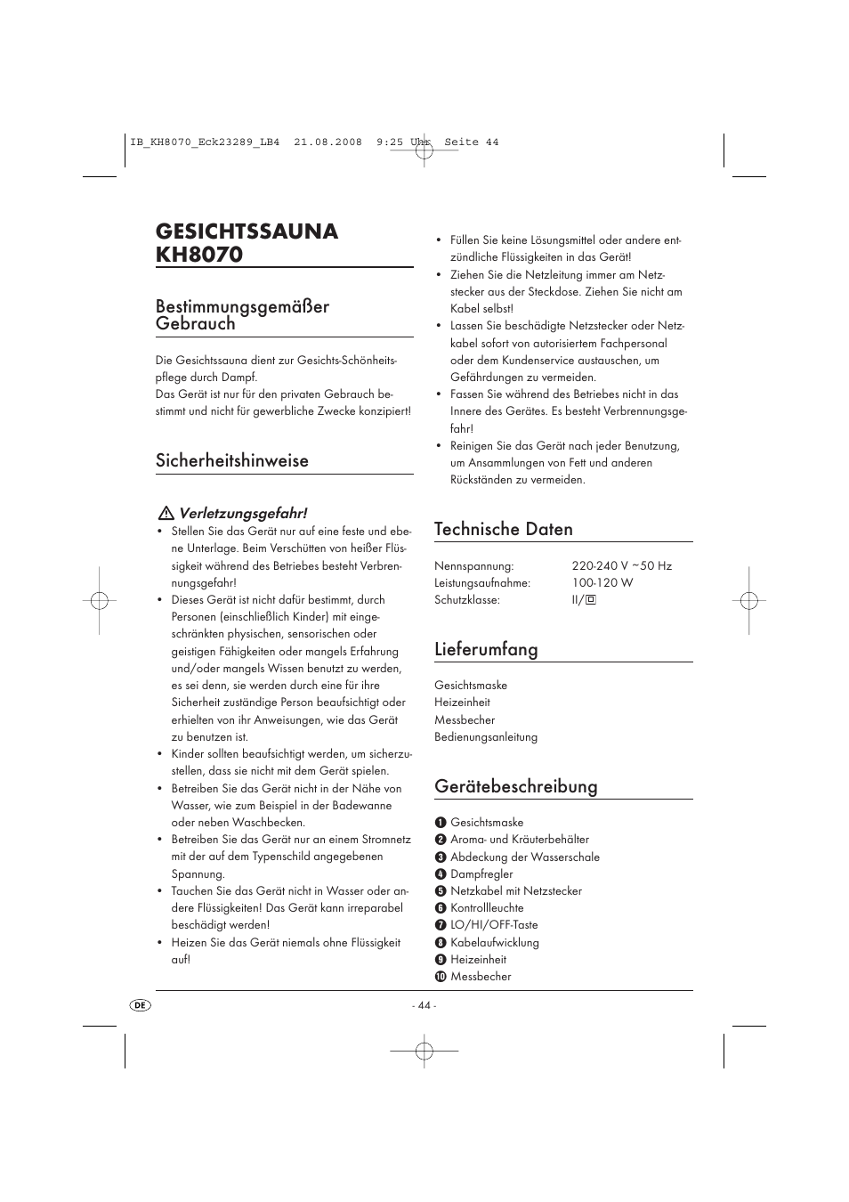 Gesichtssauna kh8070, Bestimmungsgemäßer gebrauch, Sicherheitshinweise | Technische daten, Lieferumfang, Gerätebeschreibung | Kompernass KH 8070 User Manual | Page 46 / 50