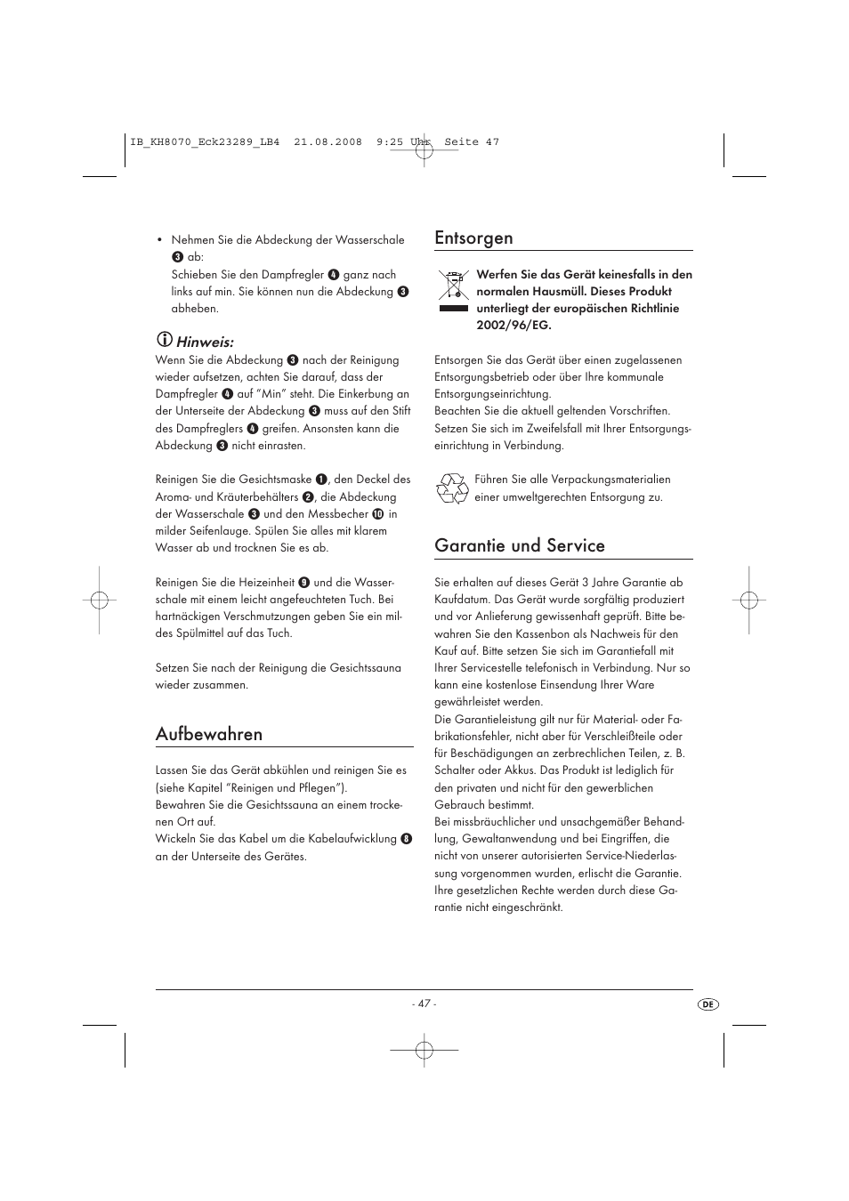 Aufbewahren, Entsorgen, Garantie und service | Kompernass KH 8070 User Manual | Page 49 / 50