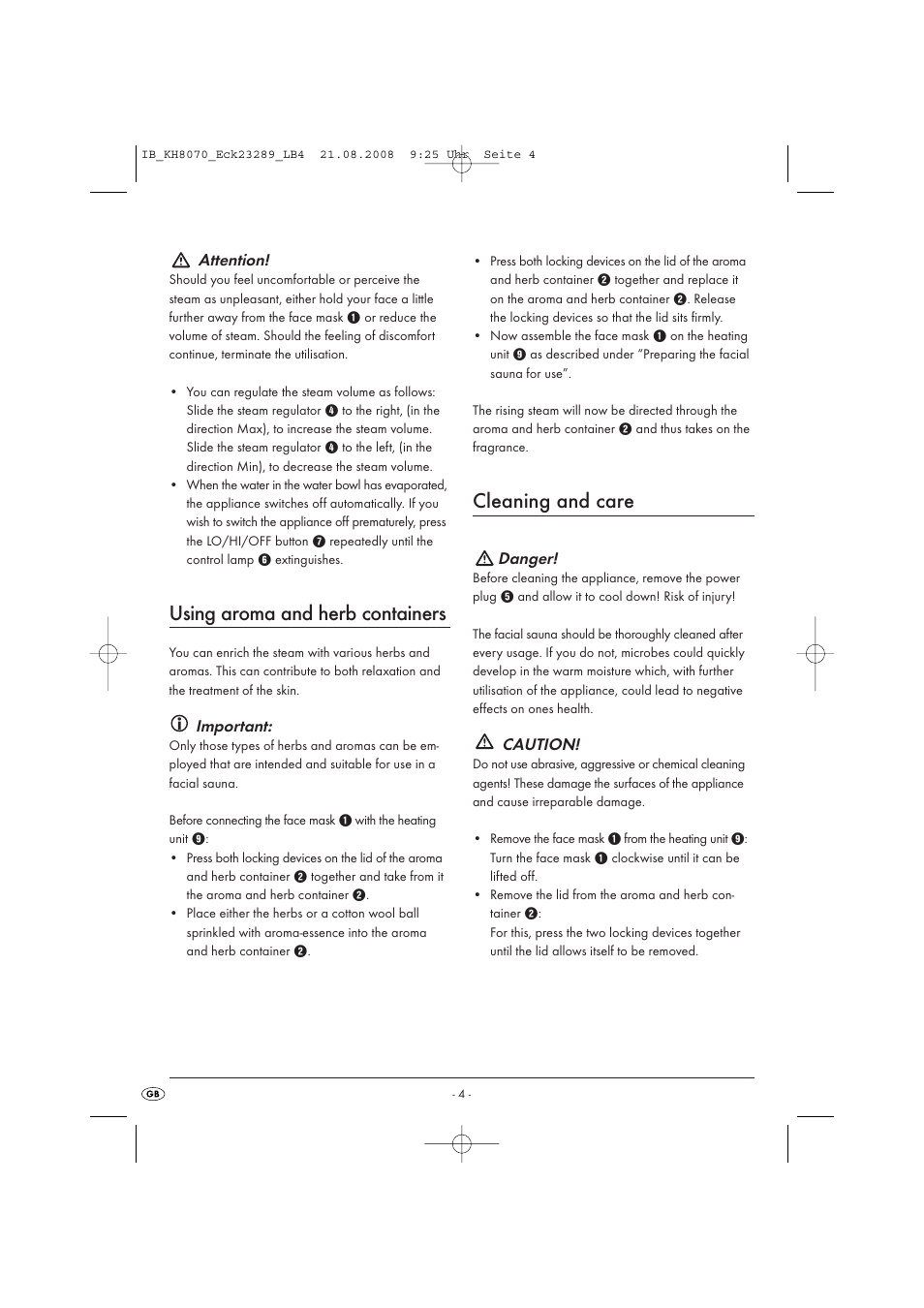 Using aroma and herb containers, Cleaning and care | Kompernass KH 8070 User Manual | Page 6 / 50
