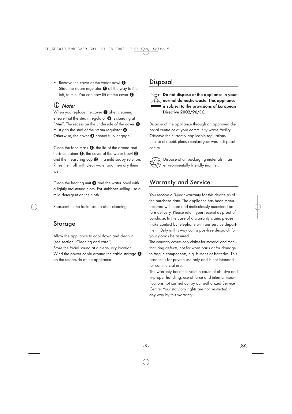 Storage, Disposal, Warranty and service | Kompernass KH 8070 User Manual | Page 7 / 50