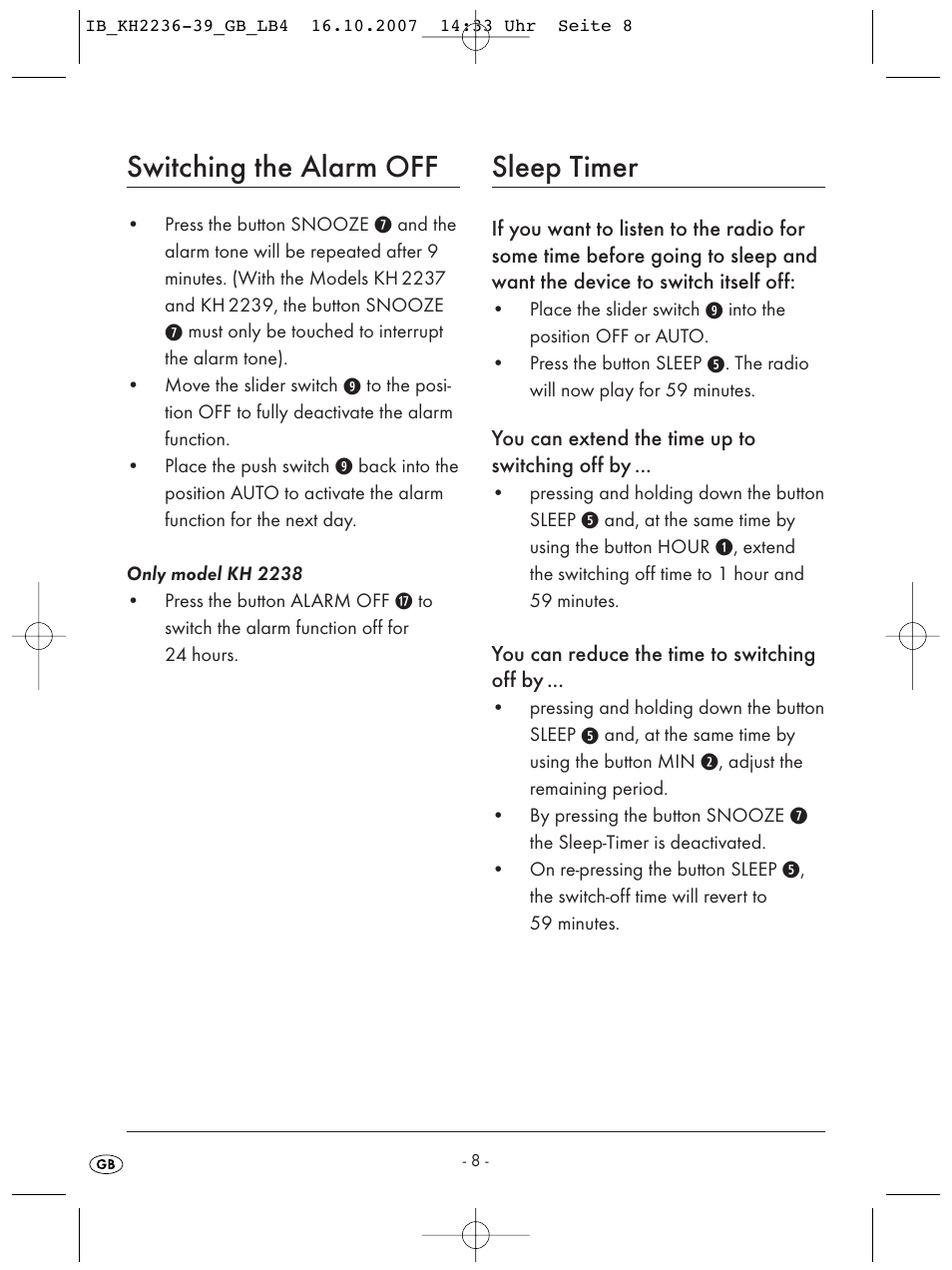 Switching the alarm off, Sleep timer | Kompernass KH 2238 User Manual | Page 10 / 82