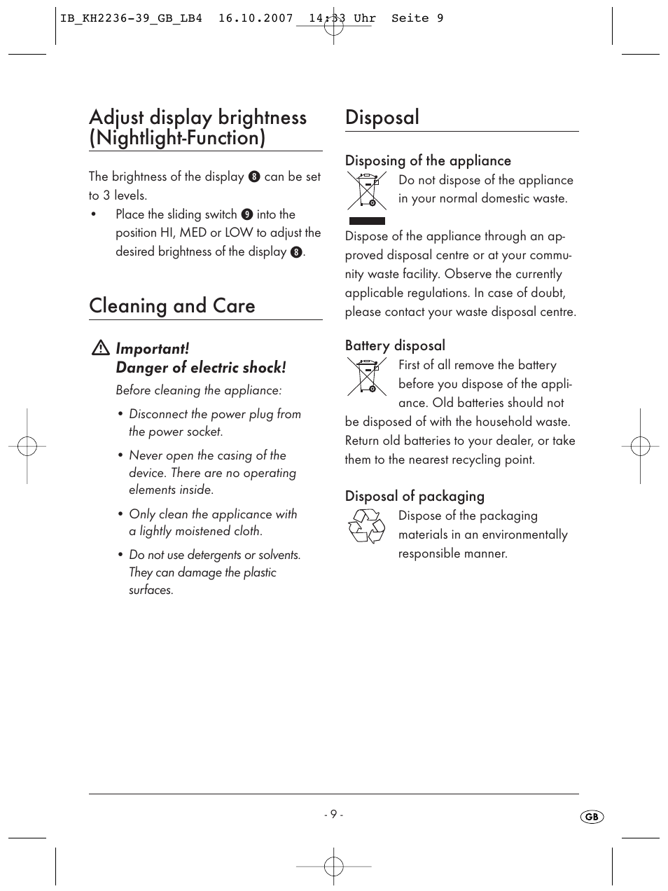 Adjust display brightness (nightlight-function), Cleaning and care, Disposal | Kompernass KH 2238 User Manual | Page 11 / 82