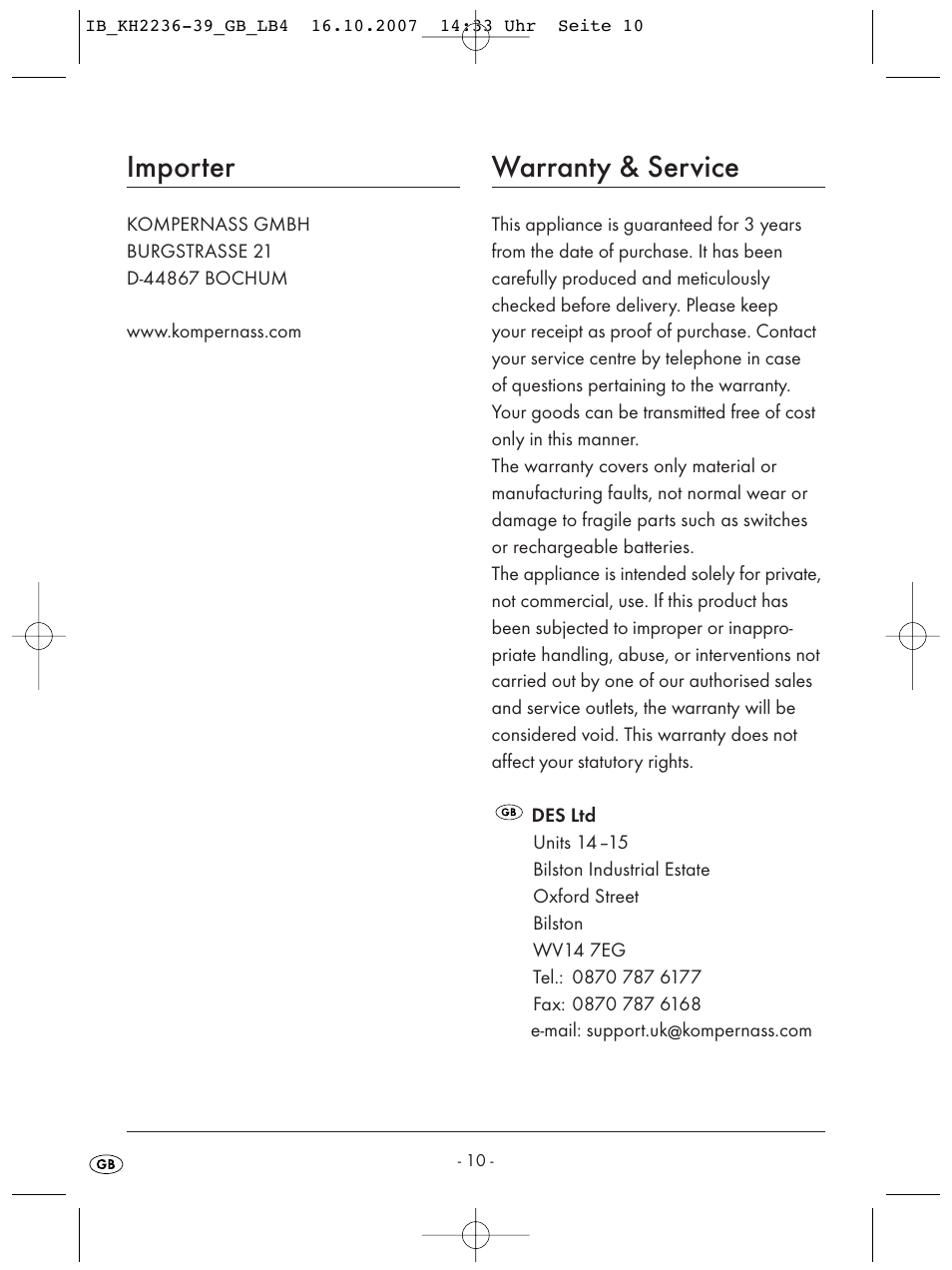 Importer, Warranty & service | Kompernass KH 2238 User Manual | Page 12 / 82