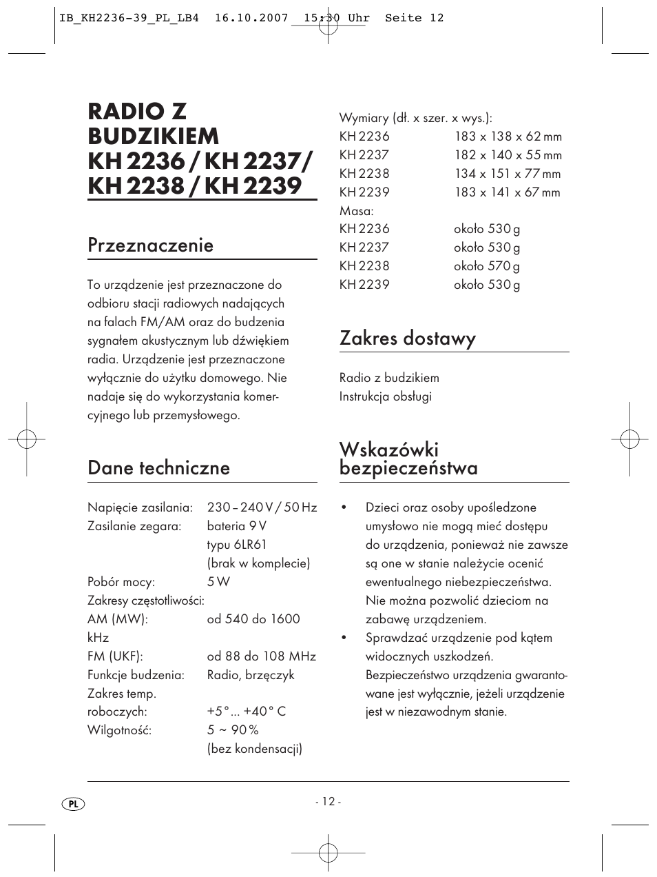 Przeznaczenie, Dane techniczne, Zakres dostawy | Wskazówki bezpieczeństwa | Kompernass KH 2238 User Manual | Page 14 / 82