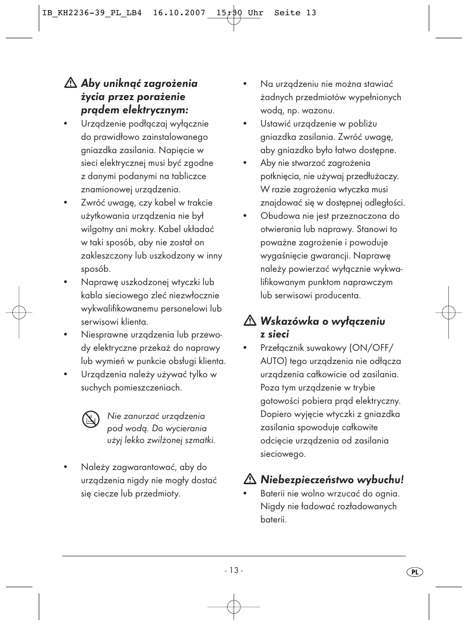 Wskazówka o wyłączeniu z sieci, Niebezpieczeństwo wybuchu | Kompernass KH 2238 User Manual | Page 15 / 82