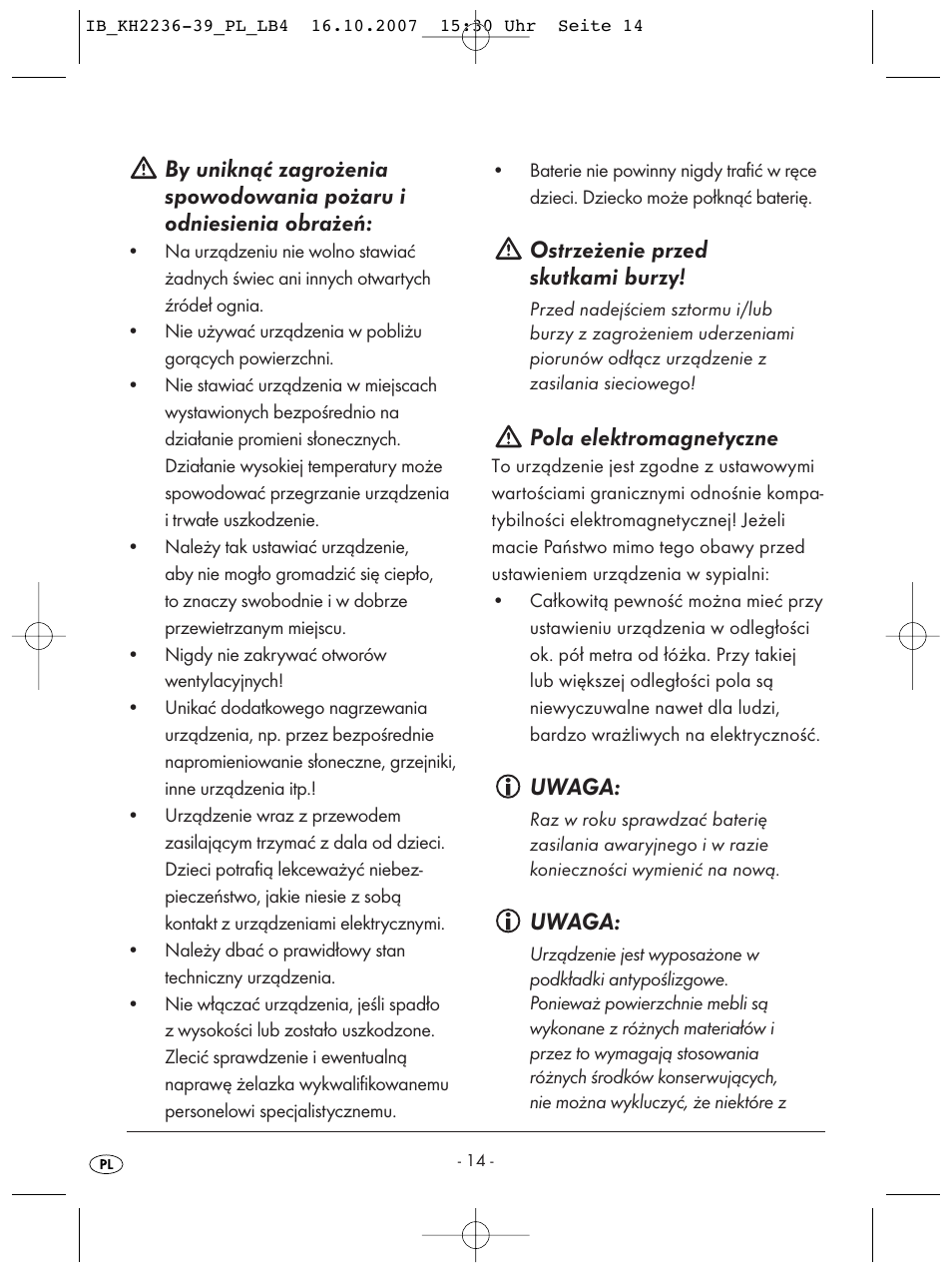 Ostrzeżenie przed skutkami burzy, Pola elektromagnetyczne, Uwaga | Kompernass KH 2238 User Manual | Page 16 / 82