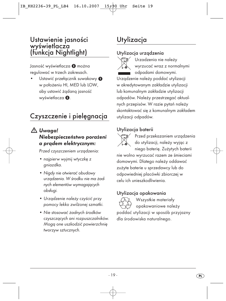 Czyszczenie i pielęgnacja, Utylizacja | Kompernass KH 2238 User Manual | Page 21 / 82