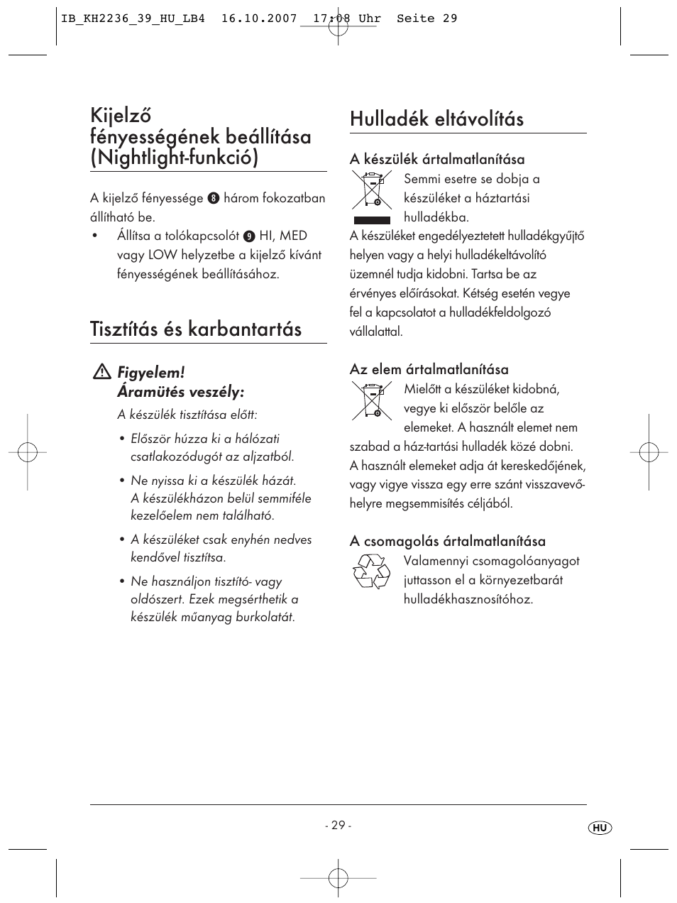 Tisztítás és karbantartás, Hulladék eltávolítás | Kompernass KH 2238 User Manual | Page 31 / 82