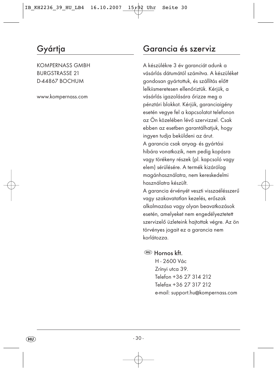 Gyártja, Garancia és szerviz | Kompernass KH 2238 User Manual | Page 32 / 82