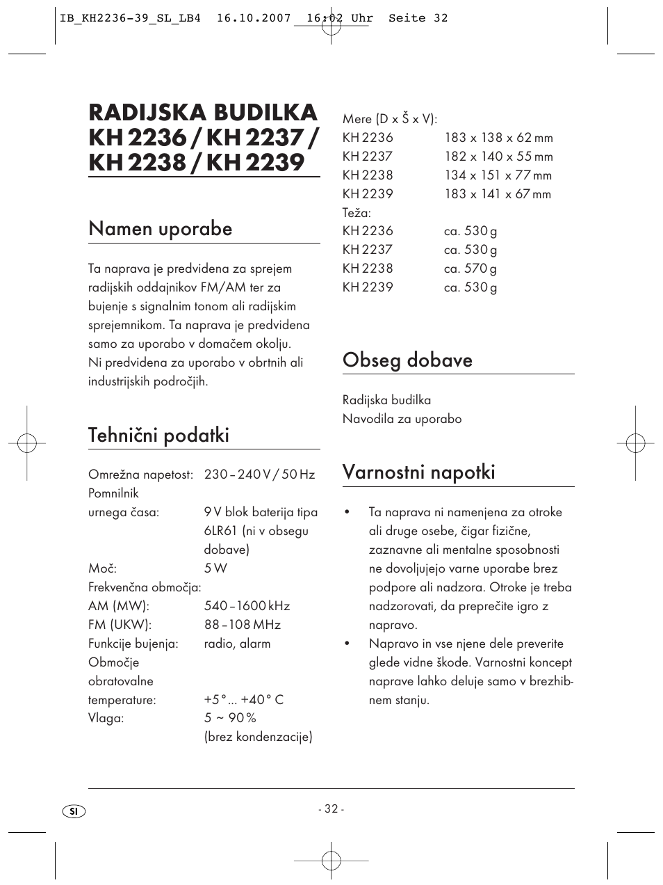 Namen uporabe, Tehnični podatki, Obseg dobave | Varnostni napotki | Kompernass KH 2238 User Manual | Page 34 / 82