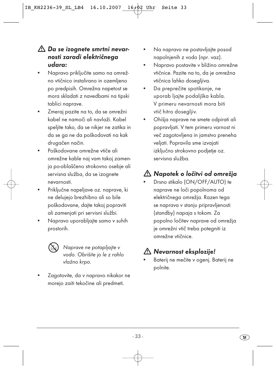 Napotek o ločitvi od omrežja, Nevarnost eksplozije | Kompernass KH 2238 User Manual | Page 35 / 82