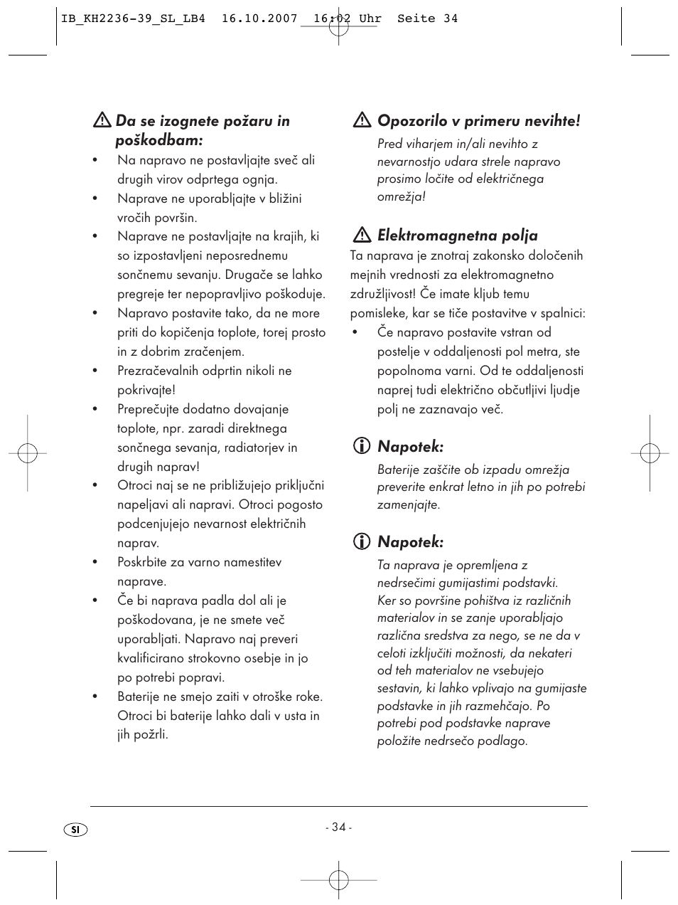 Da se izognete požaru in poškodbam, Opozorilo v primeru nevihte, Elektromagnetna polja | Napotek | Kompernass KH 2238 User Manual | Page 36 / 82