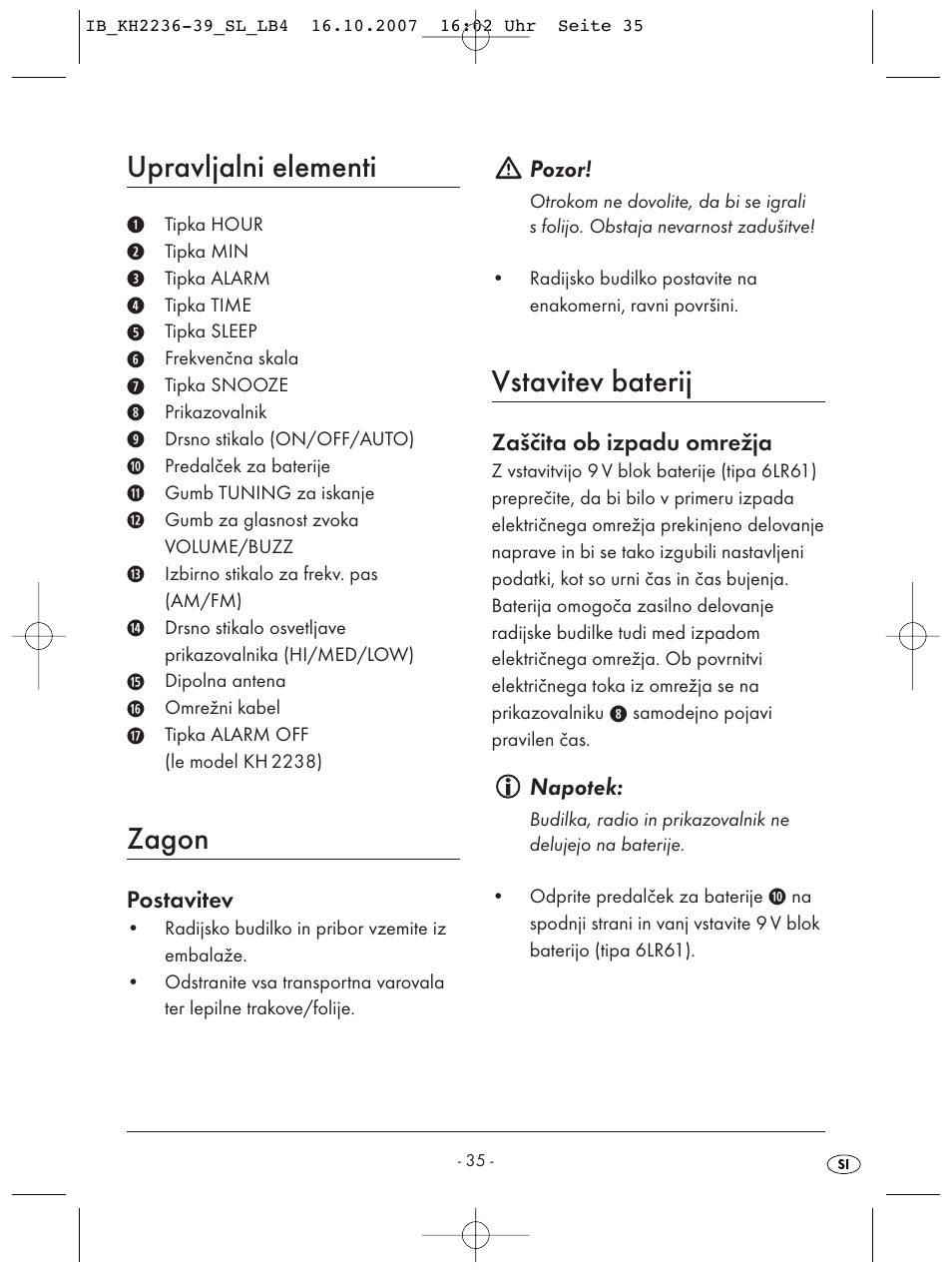 Upravljalni elementi, Zagon, Vstavitev baterij | Kompernass KH 2238 User Manual | Page 37 / 82