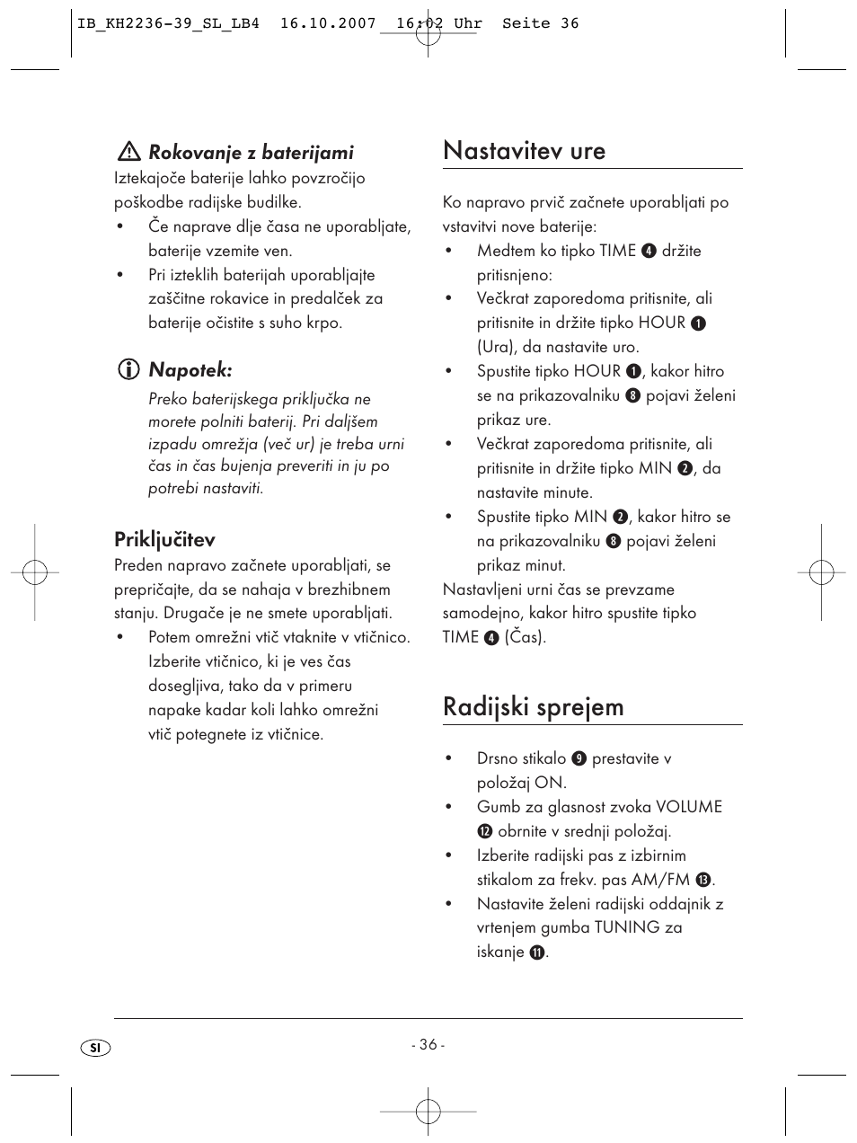 Nastavitev ure, Radijski sprejem | Kompernass KH 2238 User Manual | Page 38 / 82