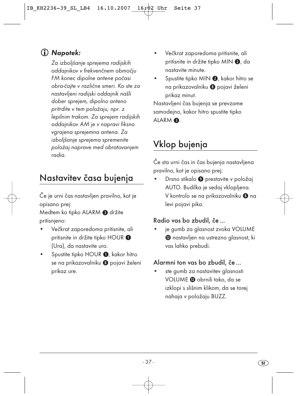 Nastavitev časa bujenja, Vklop bujenja | Kompernass KH 2238 User Manual | Page 39 / 82