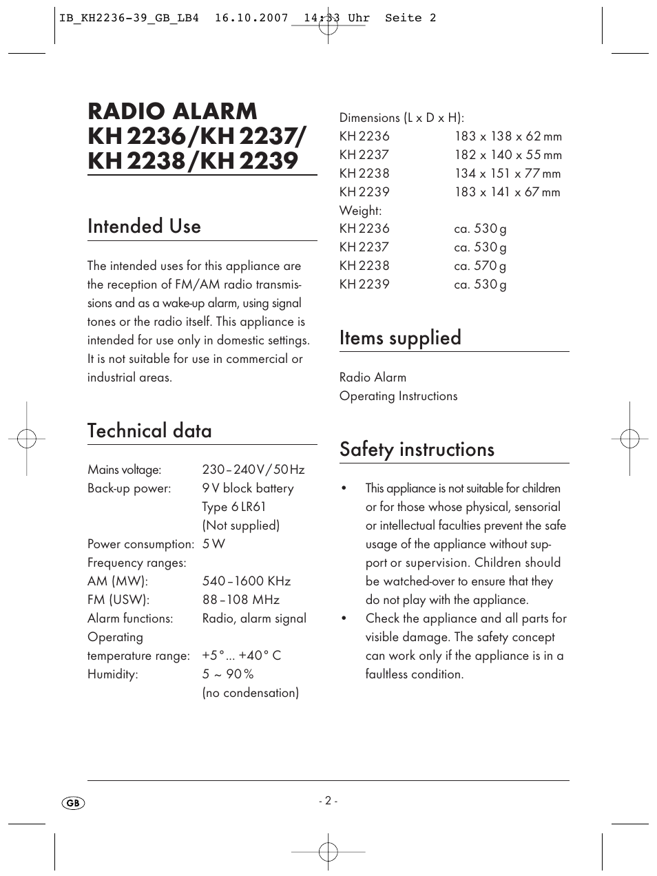 Intended use, Technical data, Items supplied | Safety instructions | Kompernass KH 2238 User Manual | Page 4 / 82