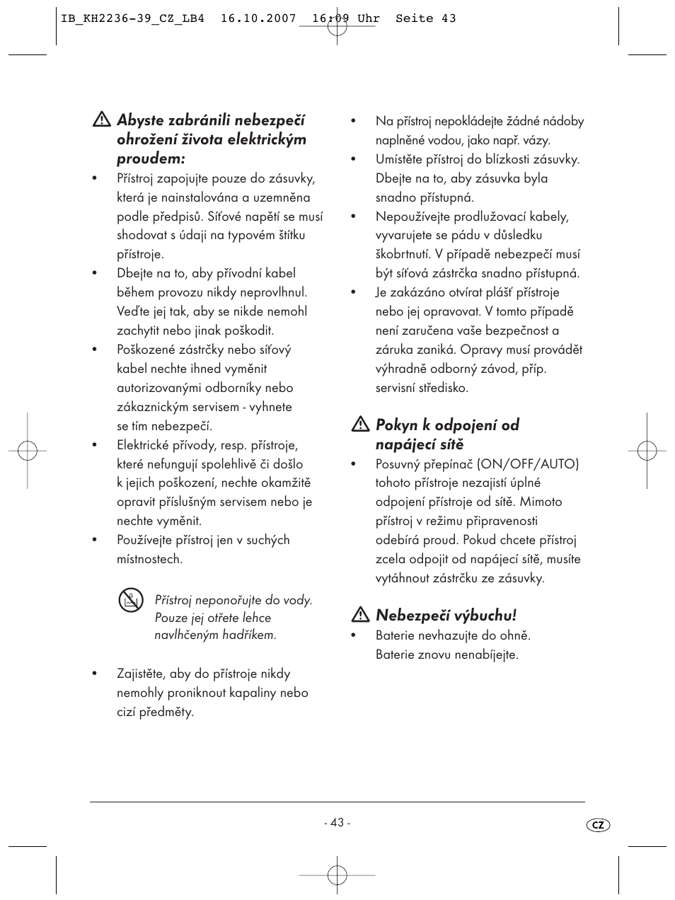 Pokyn k odpojení od napájecí sítě, Nebezpečí výbuchu | Kompernass KH 2238 User Manual | Page 45 / 82