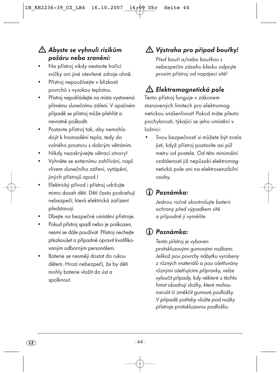 Abyste se vyhnuli rizikům požáru nebo zranění, Výstraha pro případ bouřky, Elektromagnetická pole | Poznámka | Kompernass KH 2238 User Manual | Page 46 / 82