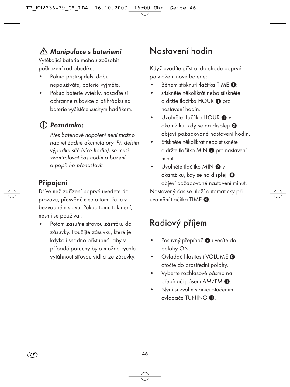 Nastavení hodin, Radiový příjem | Kompernass KH 2238 User Manual | Page 48 / 82