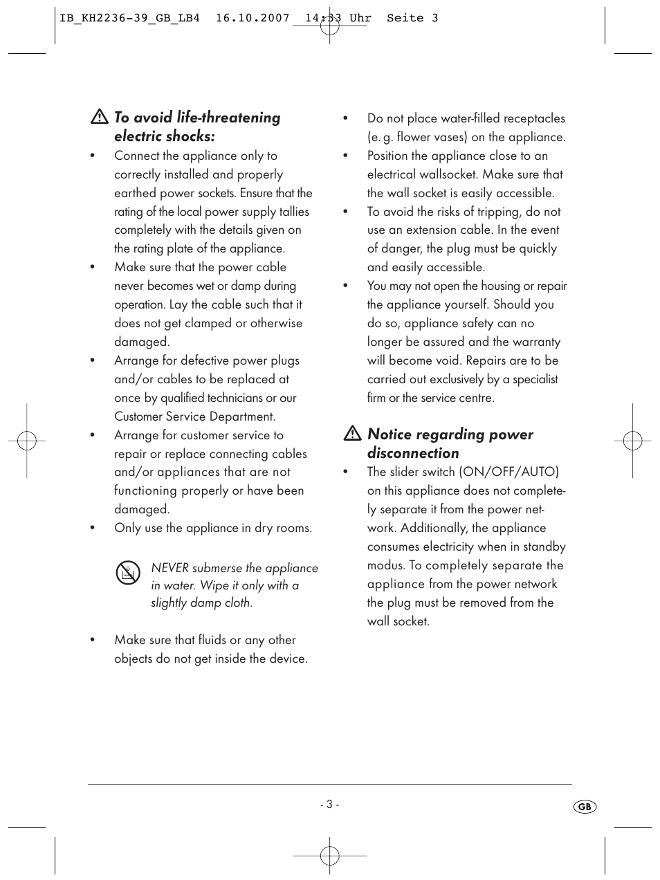 Notice regarding power disconnection | Kompernass KH 2238 User Manual | Page 5 / 82