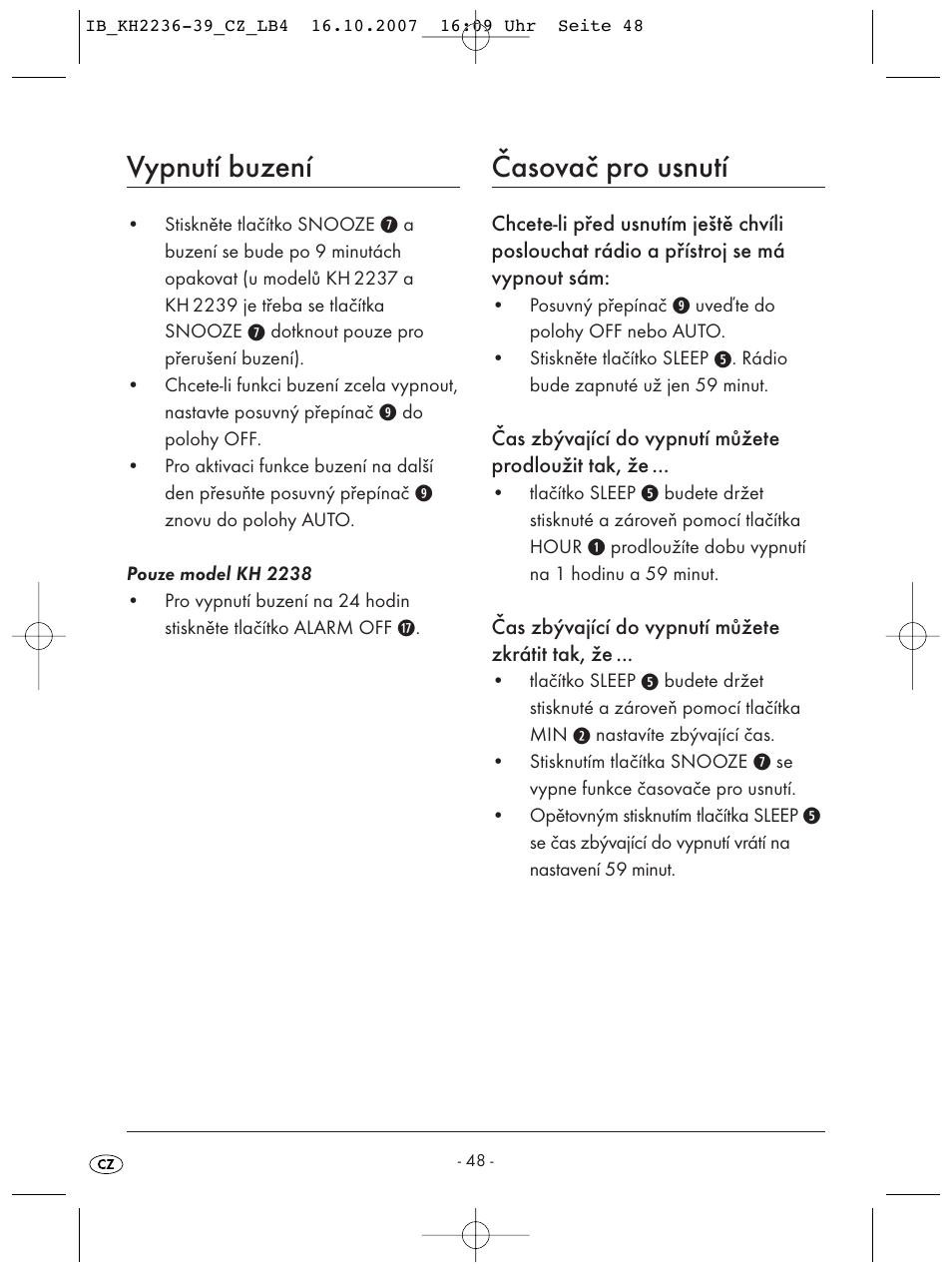 Vypnutí buzení, Časovač pro usnutí | Kompernass KH 2238 User Manual | Page 50 / 82