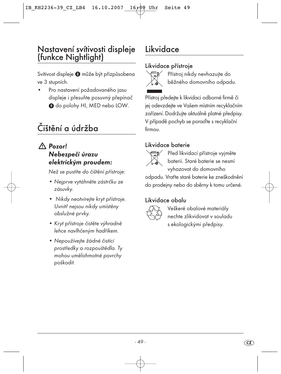 Nastavení svítivosti displeje (funkce nightlight), Čištění a údržba, Likvidace | Kompernass KH 2238 User Manual | Page 51 / 82