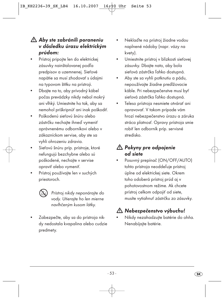 Pokyny pre odpojenie od siete, Nebezpečenstvo výbuchu | Kompernass KH 2238 User Manual | Page 55 / 82